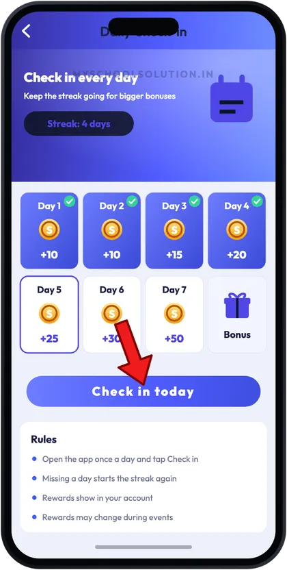 Sagar Club daily check-in screen with arrow on Check in today