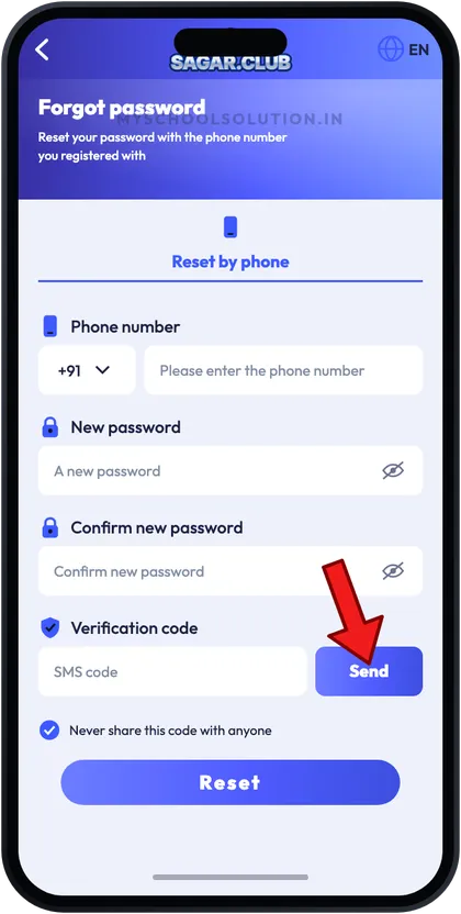 Sagar Club forgot password screen with arrow on Send