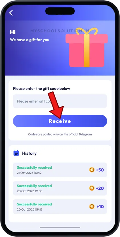 Sagar Club gift code screen with arrow on Receive