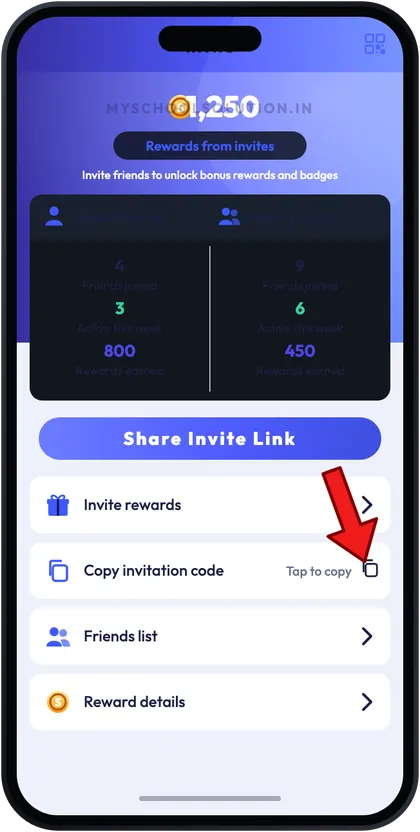 Sagar Club invite page with arrow on copy invitation code