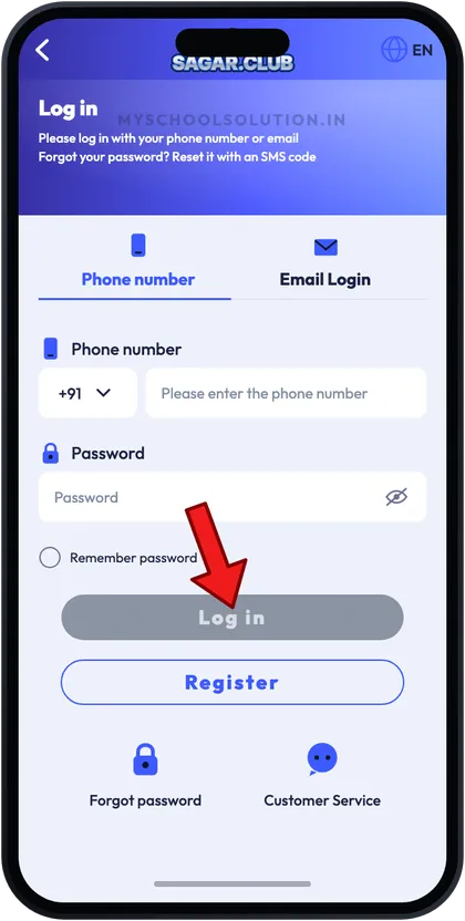 Sagar Club login screen with arrow on the Log in button