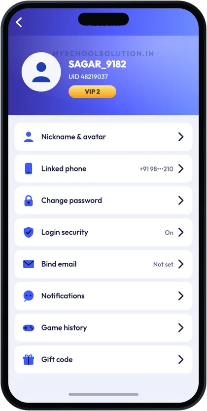 Sagar Club account page with security settings