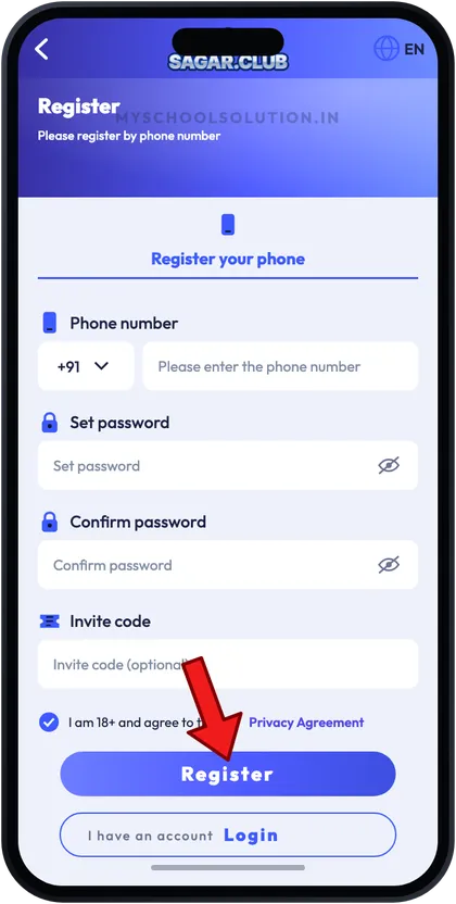 Sagar Club register screen with arrow on the Register button