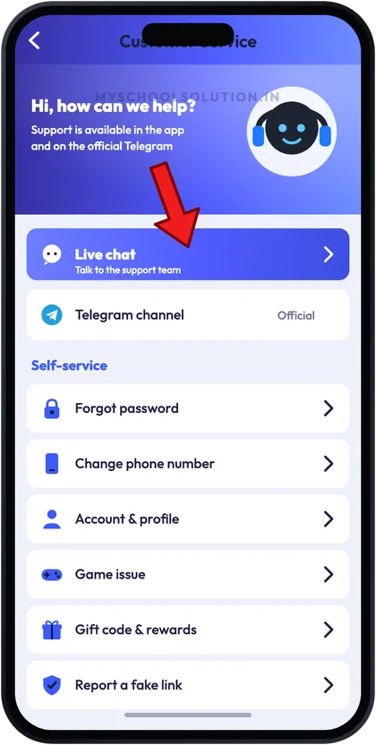 Sagar Club customer service screen with arrow on Live chat